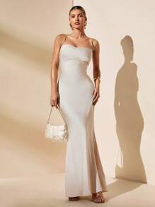 SHEIN BAE Sleeveless Satin Backless Dress, Simple Solid Color Apricot Bridesmaid Dress, Sexy Backless Tie-Up Design Long Evening Dress, Summer - Apricot - View 6