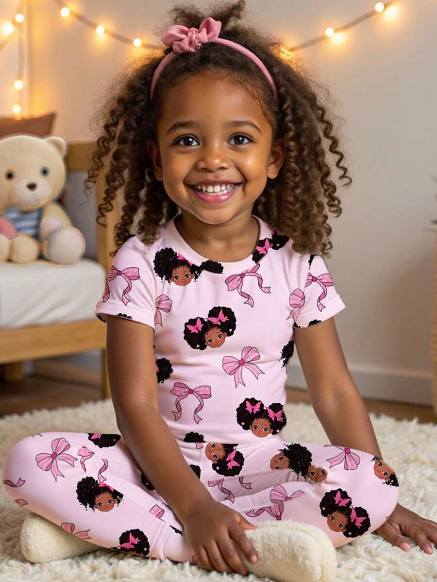 SHEIN Baby Girl Pattern Bow Decor Casual Minimalist Form-Fitting Round Neck Comfortable Short Sleeve Pants Pajama Set, For Spring/Summer, Snug Fit