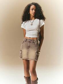 Poéselle Women's Front Button Pocket Simple Frayed Hem Casual Denim Mini Skirt