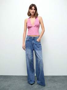 Maija Top elegante de tirantes con cuello halter y espalda anudada en tela texturizada rosa, para otoño/invierno, Día de San Valentín, festivales