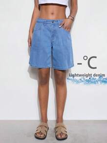Maija Women's Blue Denim Shorts 100% Cotton Lightweight Denim Material Summer Comfort Shorts Old Money Style Resort Shorts - Medium Wash - View 1