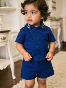SHEIN 2pcs/Set Infant Baby Boys Spring/Autumn Button-Down Collar Shirt Top And Shorts, Casual Party Outfit, Embroidered Collar Design, Breathable Fabric, Suitable For Summer Ramadan, Vacation, Baptism, Birthday, 6 Months - 3 Years
