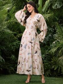 Modelyn Women's V-Neck Long Sleeve Butterfly Print Casual Long Dress Fall Cloth For Women - Multicolor - View 7