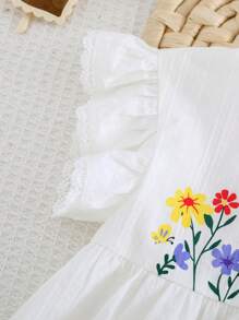 Cozy Pixies Đầm tay lỡ in họa tiết hoa trang trí cho bé gái - trắng - Xem 4