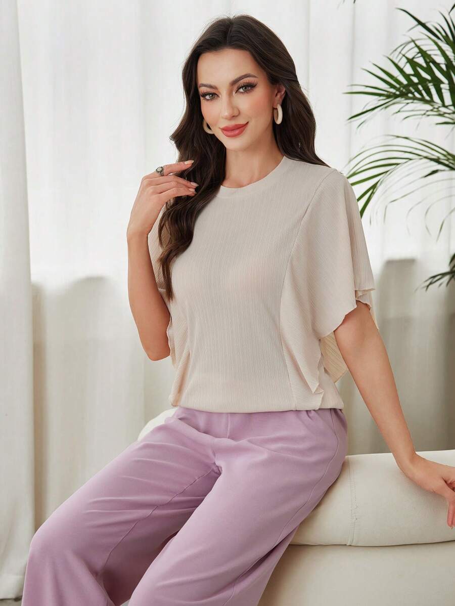 Seusyu Women's Solid Color Round Neck Short Sleeve Simple Casual Ribbed Ruffle Sleeve T-Shirt - Apricot - View 1