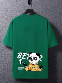 Manfinity Hypemode 宽松版型男式卡通及口号图案落肩 T 恤 - 墨綠色 - 查看 2