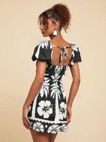 Travachic Black & White Printed Puff Sleeves Mini Dress - Black - View 2