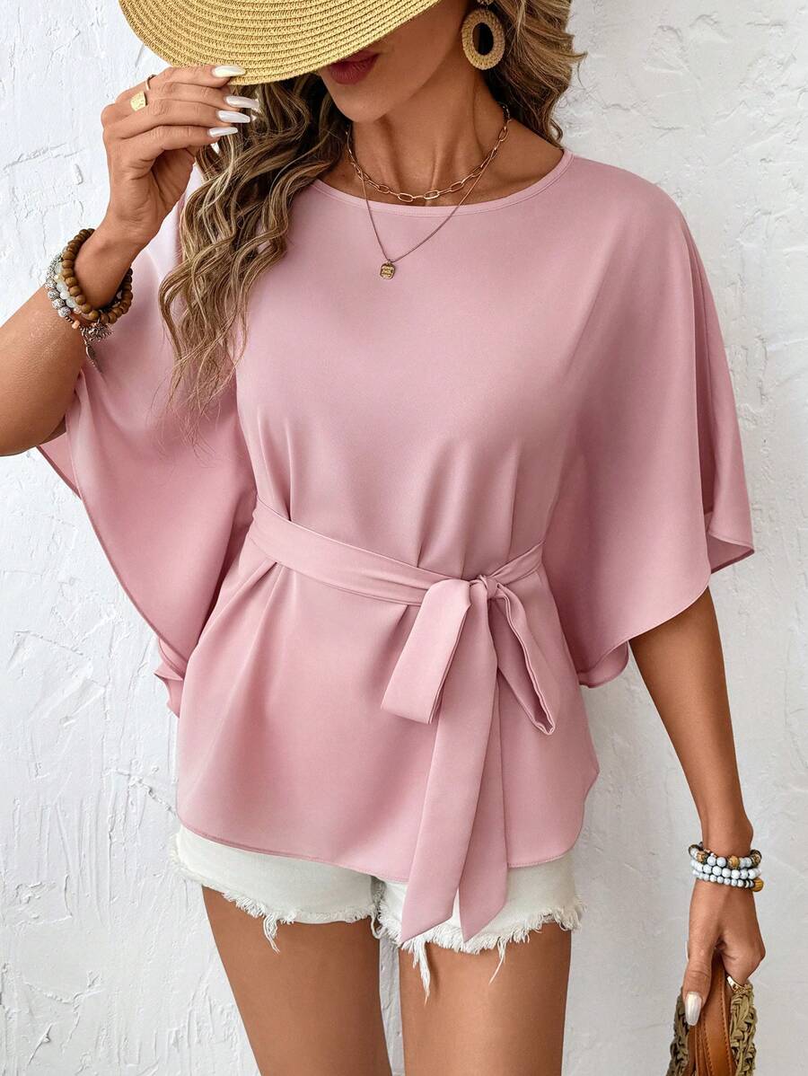 SHEIN LUNE Women Solid Color Crew Neck Batwing Sleeve Knotted Waist Casual Blouse Cute Tops Summer Tops Crop Tops Shirts Women Vacation Outfits Women Going Out Tops Beach Outfits For Woman Shirts - Pink - View 1