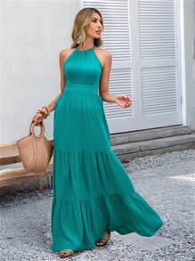 SHEIN VCAY Plain Woven Bodycon Dress With Frill Hem For Women, Long LengthSpring And Summer Outfits, Summer Clothes, Valentine's Day, Vacation Outfits Woman, Beach Outfits For Woman, Festival, Romantic And Elegant Clothing, Bohemian, BOHO, Sweet, Rave Outfits Festival, Tropical Vacation Woman Clothes, Carnival