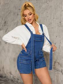 SHEIN SXY Quần yếm thường ngày nhiều túi kiểu Mỹ cho nữ mùa hè mới rộng rãi thoải mái quần ngoài màu trơn đa năng quần yếm ngắn - Màu xanh lam - Xem 5