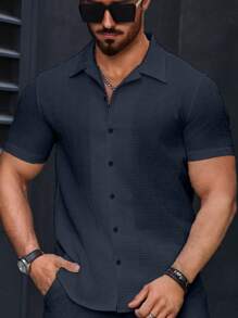 Manfinity CasualCool 男士纯色单排扣短袖休闲/商务衬衫 - 藏蓝色 - 查看 6