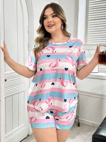 Striped Flamingo Print Short Sleeve & Shorts Pajama Set, Plus Size - Multicolor - View 3