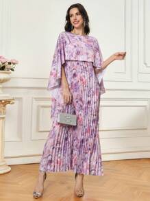 Modelyn Women Floral Print Shawl Collar Mid-Length Pleated Hem Elegant Midi Dress - Multicolor - View 5