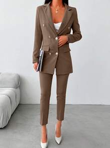 EURMUSE Women's Solid Color Blazer And Pants Suit Set, Simple Fashion Casual Daily Wear - Mocha Brown - View 5