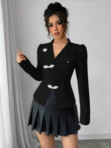 Chiquease 女装中国新年圆盘纽扣旗袍领优雅约会圣诞节情人节度假演唱会复活节约会商务休闲春季舒适长袖里料松紧腰不对称原创黑白上衣 - 黑色 - 查看 6