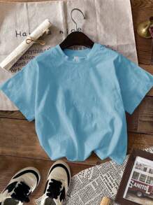 SHEIN Young Boy Casual Round Neck Short Sleeve T-Shirt, Suitable For Summer - Dusty Blue - View 2