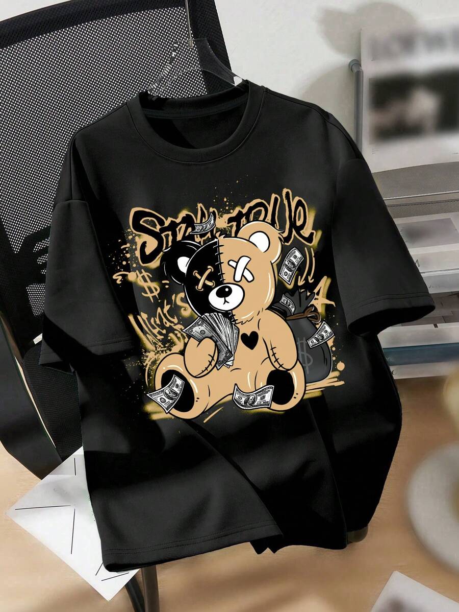 SHEIN Teen Boy Casual Pattern Short Sleeve T-Shirt, Suitable For Summer Bear Graffiti Print Kids Casual Wear