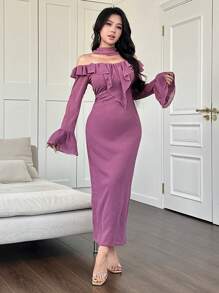 Modelyn Women Ruffle Trim Fitted Chiffon Dress - Purple - View 5