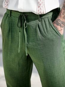 Manfinity RSRT Men's Casual Minimalist Everyday Pants Men Linen Bottoms Linen Pants For Men Linen Men Pants Summer Men's Bottoms - Dark Green - View 3