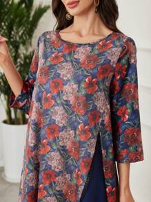 Lacomfia Rochie midi casual cu mâneci 3/4, cu gât rotund, cu imprimeu floral