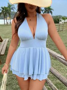 Sunnyshic Plus Size V-Neck Tie-Up Double Layer Hem Jumpsuit Dress