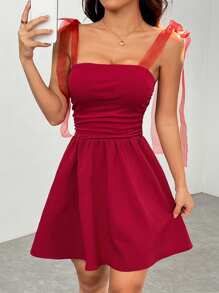 SHEIN PETITE Red Mesh Strap Gathered Romantic Summer Dress Perfect For Vacation - Red - View 3