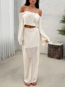 EURMUSE 女士镂空露肩针织上衣和中长款毛衣针织裙 2 件套 套装 海滩套装 - 杏色 - 查看 4