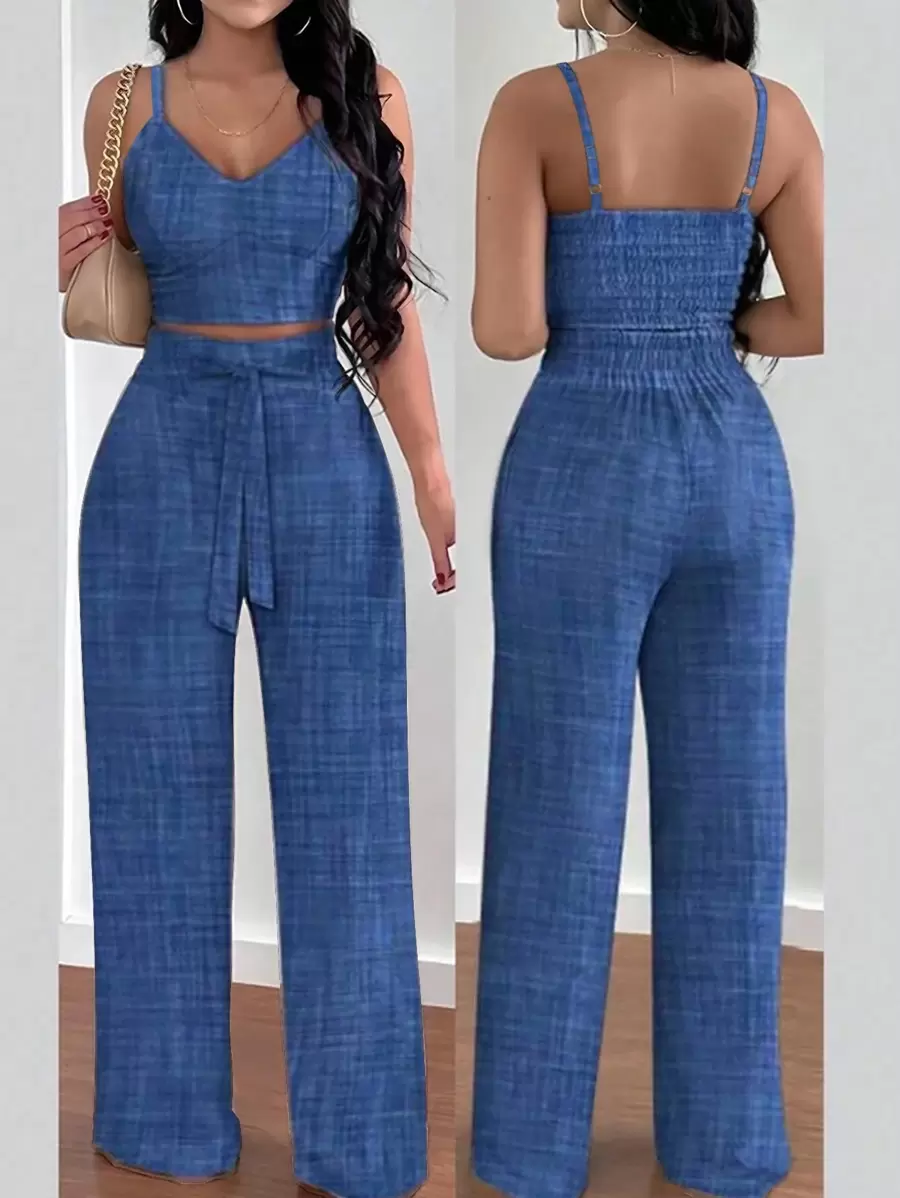 INAWLY 2 件套女式花卉印花吊带背心和松紧腰系带阔腿裤套装 - 霧霾藍 - 查看 1