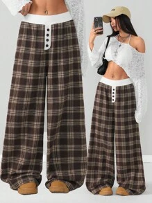 Coolane 女士春夏街头风纽扣设计宽松休闲格子阔腿裤