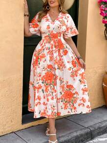 SHEIN VCAY 大码度假岛浪漫橙色花卉印花 V 领收腰褶皱 A 字形连衣裙 - 橘色 - 查看 6