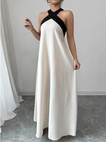 Rafferiza Black & Apricot Color Block Elegant Halter Backless Bowknot Strap Sleeveless Maxi Dress, Casual Beach Resort