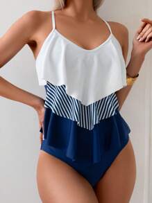 SHEIN Swim Lushore Women's Summer Beach Ruffled Striped Tankini 2 Pieces Swimwear Set Vacation - Blue and White - View 1