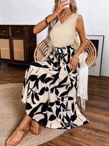 Breezaya Vestido maxi estampado de primavera y verano (vestido de punto de línea A de longitud media sin mangas con estampado de hojas de bádminton) Ropa de playa de vacaciones para mujeres - Albaricoque - Ver 5