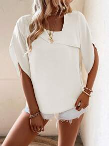 SHEIN LUNE Camisa de vacaciones informal de unicolor con cuello asimétrico y manga acampanada
