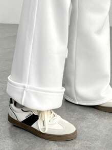 SHEIN PETITE 休闲低腰抽绳腰弹力运动裤喇叭裤运动裤保暖内衬复合绒适合秋冬季 - 白色 - 查看 3