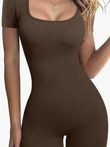 SHEIN EZwear She021 Spring/Summer New Solid Color Slimming Low Neck Short Sleeve Stylish Ladies Jumpsuit - Brown - View 4