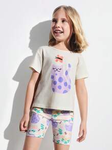THE HAPPY LOOK Ensemble jeune fille d'un t-shirt ample à imprimé chat avec épaules dénudées et un short à imprimé chat tout-sur, style décontracté et mignon