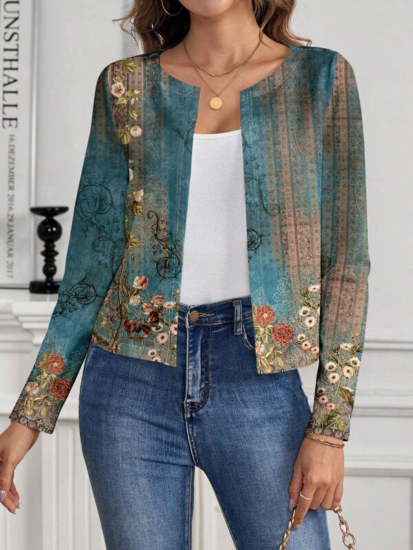 SHEIN Clasi Jachetă ușoară casual cu mânecă lungă și imprimeu floral pentru femei, mărime plus, cu deschidere în față