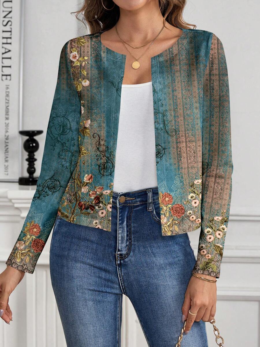SHEIN Clasi Casual Retro Floral Pattern Cardigan Jacket For Women, Suitable For Spring & Summer Fall Clothes Winter Clothes - Blue - View 1