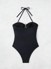 SHEIN Swim Costume da bagno intero da donna con spalline a spaghetti, di colore unito, stile vacanze al mare, con design cavo a stelle marine, novità estate