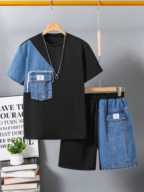 SHEIN 2 Stücke Set für Teenager Jungen: Lässig Denim-Patchwork Strick T-Shirt und Shorts, Street-Style Denim-Patchwork Outfit
