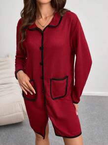 Two-Tone Waffle Knit Women's Bathrobe - Burgundy - View 4