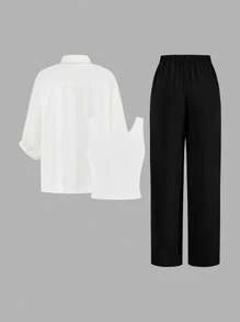 SHEIN LUNE 女士黑白美拉德三件套西装，2024新款，包含时尚轻薄衬衫、修身阔腿裤，秋季休闲时尚套装。 - 白色 - 查看 2