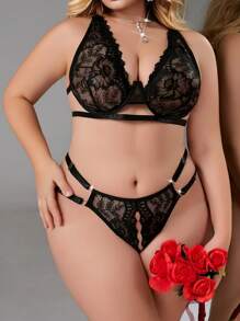 2pcs Plus Size Lace Underwire Lingerie Set, Valentine's Day