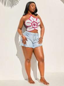 SHEIN SXY Große Größen Damen Frühling/Sommer 2025 Neue Zweischichtige Gestrickte Blüten Sexy Rückenfreie Verstellbare Trägerweste, Geeignet für Strandurlaub, Date Night, Geburtstag, Junggesellinnenabschied, Süß, Lässig, Einkaufen, Streetwear, Ausgehen, Leicht zu kombinieren & Schlank aussehend, betont Ihre Figur, schmeichelhaft