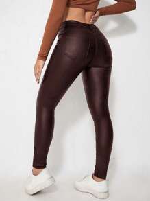 SHEIN Women's Casual Solid Color Low Waist Slim Fit Pants Fall Cloth For Women - Burgundy - View 2