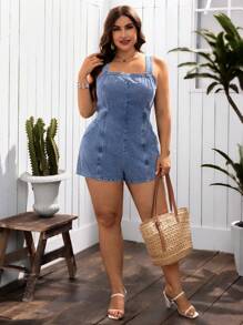SHEIN Clasi Plus Size Women Backless Strappy Denim Romper For Vacation - Medium Wash - View 2