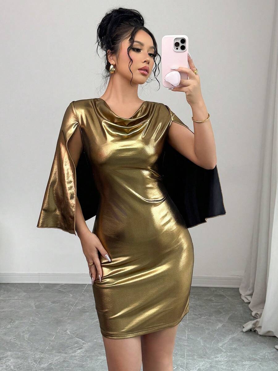 SHEIN Elenzya Women's Holiday Party Gold Metallic Slim Fit Elegant Luxury Gold Evening Dress - Silver - View 1