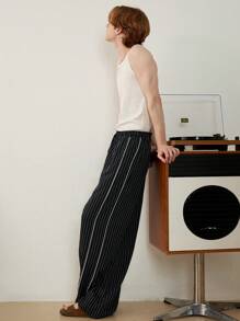 SWAVVY 标准尺寸男士时尚休闲海军蓝条纹拼接宽松直筒阔腿裤 - 藏蓝色 - 查看 3