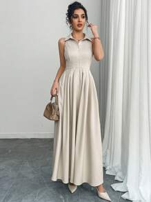 Chiquease Women Elegant Pleated Sleeveless Collared Dress